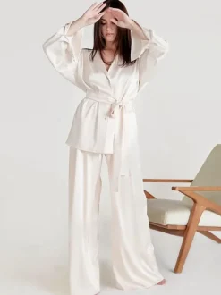 Pajama Sets Coffee Brown Sash Indoor Oversized Silk-like Lingerie