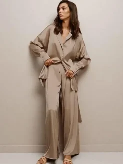 Pajama Sets Coffee Brown Sash Indoor Oversized Silk-like Lingerie