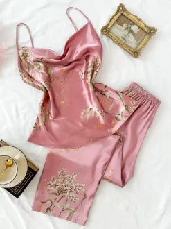 Pajama Sets Green Daily Casual Floral Print Silk-like Lingerie