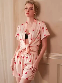Pajama Sets Pink Indoor Silk-like Lingerie