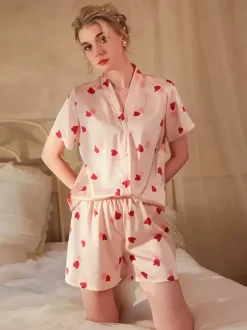 Pajama Sets Pink Indoor Silk-like Lingerie