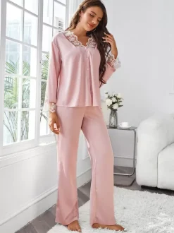 Pajama Sets Pink Silk-like Two-Tone Lace Indoor Lingerie