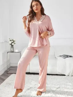 Pajama Sets Pink Silk-like Two-Tone Lace Indoor Lingerie