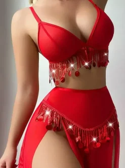 Pajama Sets Red Polyester Layered Fringe Indoor 3-Piece Lingerie