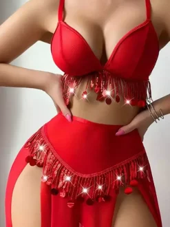 Pajama Sets Red Polyester Layered Fringe Indoor 3-Piece Lingerie