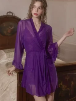 Pajamas Sleepwear Robes Purple Sash Layered Indoor Lingerie Sheer Chiffon Robe