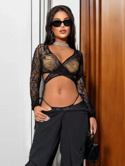 Pajama Sets Black Cut Out Daily Casual Lingerie