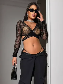 Pajama Sets Black Cut Out Daily Casual Lingerie