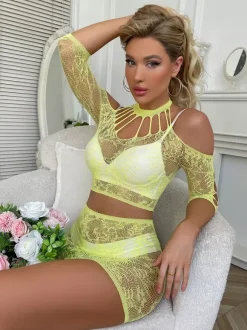 Pajama Sets Black Dating Nylon 2-Piece Sheer Fishnet See-Through Mesh Lingerie