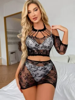Pajama Sets Black Dating Nylon 2-Piece Sheer Fishnet See-Through Mesh Lingerie