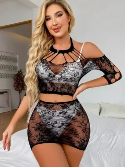 Pajama Sets Black Dating Nylon 2-Piece Sheer Fishnet See-Through Mesh Lingerie