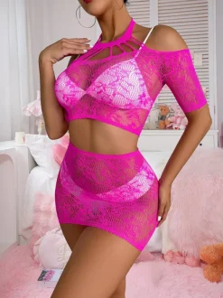 Pajama Sets Black Dating Nylon 2-Piece Sheer Fishnet See-Through Mesh Lingerie
