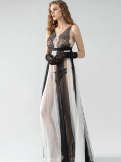 Pajama Sets Black Polyester Sheer Cut Out Daily Casual Lingerie