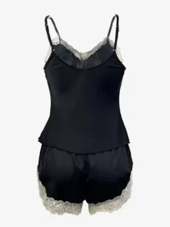 Pajama Sets Black Silk-like Two-Tone Indoor Lingerie