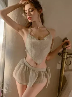 Pajama Sets Green Backless Lingerie Top, Dress T-back Sets