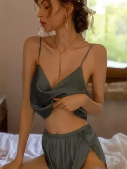 Pajama Sets Green Dating Backless Blush Pink Satin Cami Shorts Sets Lingerie