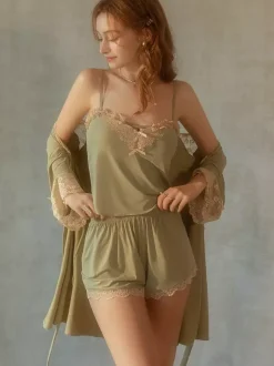 Pajama Sets Green Lace Backless Lingerie Camisole Shorts 2-Piece Loungewear