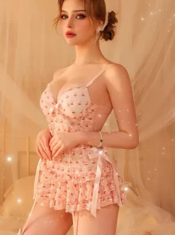 Pajama Sets Pink Cut Out Valentines' Floral Print Sheer Polyester Lingerie