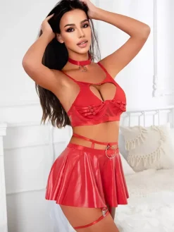 Pajama Sets Red Metal Details Indoor Lingerie Bra Skirt Sets