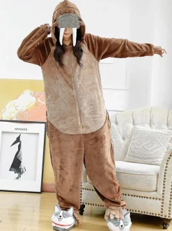 Pajamas Kigurumi Walrus Onesie Adult Coffee Brown Flannel Jumpsuit Costumes Cosplay Carnival onesie pajamas