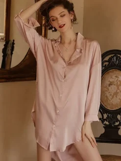 Pajamas Sleepwear Robes White Backless Lingerie Blush Pink Satin Sleep Shirt Dress