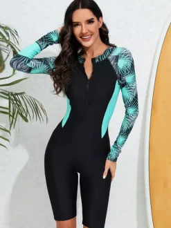 Palm Print Raglan Long Sleeve Zip Front Boyleg Rash Guard
