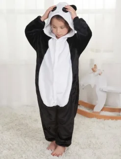 Panda Onesie Kigurumi Pajamas Kids Unisex Black Flannel Winter Sleepwear Mascot Animal Halloween Costume onesie pajamas