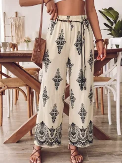 Pants Apricot Lace Up Raised Waist Printed Trousers