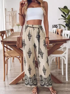 Pants Apricot Lace Up Raised Waist Printed Trousers