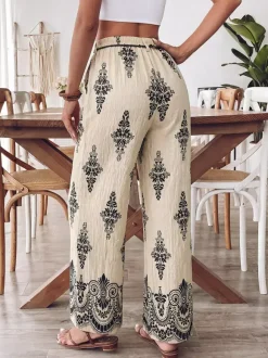 Pants Apricot Lace Up Raised Waist Printed Trousers