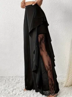 Pants Black Solid Color Ruffles Natural Waist Summer Trousers