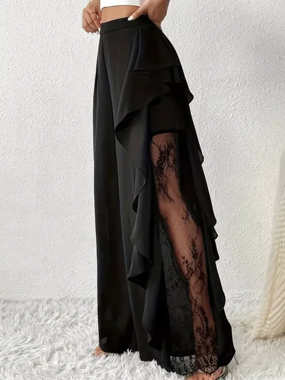 Pants Black Solid Color Ruffles Natural Waist Summer Trousers