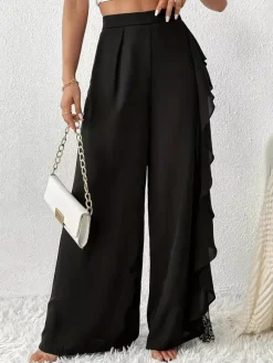Pants Black Solid Color Ruffles Natural Waist Summer Trousers