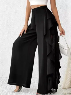 Pants Black Solid Color Ruffles Natural Waist Summer Trousers