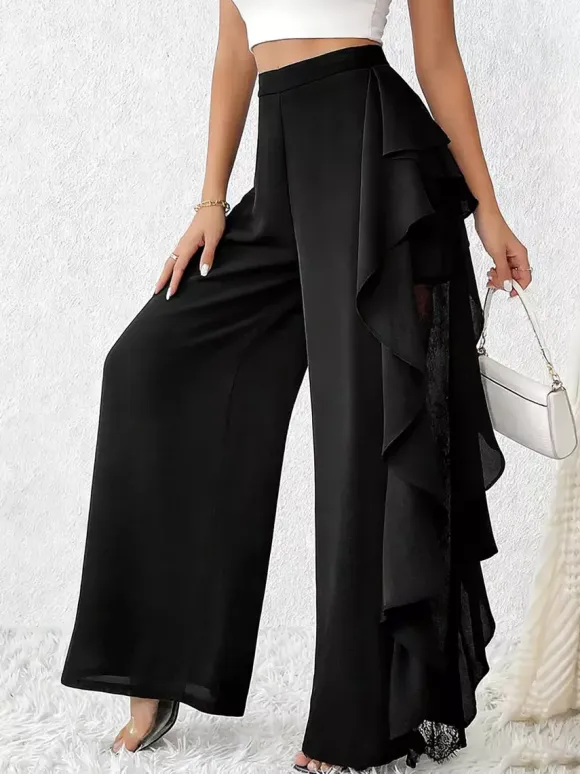 Pants Black Solid Color Ruffles Natural Waist Summer Trousers