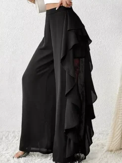 Pants Black Solid Color Ruffles Natural Waist Summer Trousers