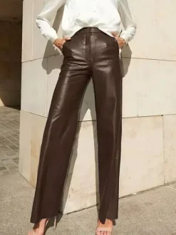 Pants Blue Buttons PU Leather Natural Waist Straight Trousers