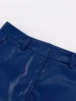 Pants Blue Buttons PU Leather Natural Waist Straight Trousers