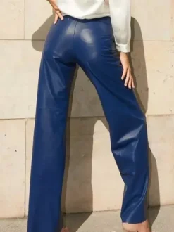 Pants Blue Buttons PU Leather Natural Waist Straight Trousers