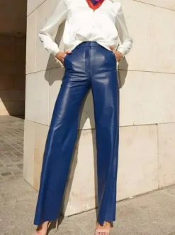 Pants Blue Buttons PU Leather Natural Waist Straight Trousers