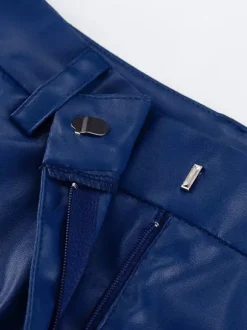 Pants Blue Buttons PU Leather Natural Waist Straight Trousers