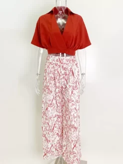 Pant Set Floral Short Sleeves V-Neck Wide Leg Casual 2 Pieces Set