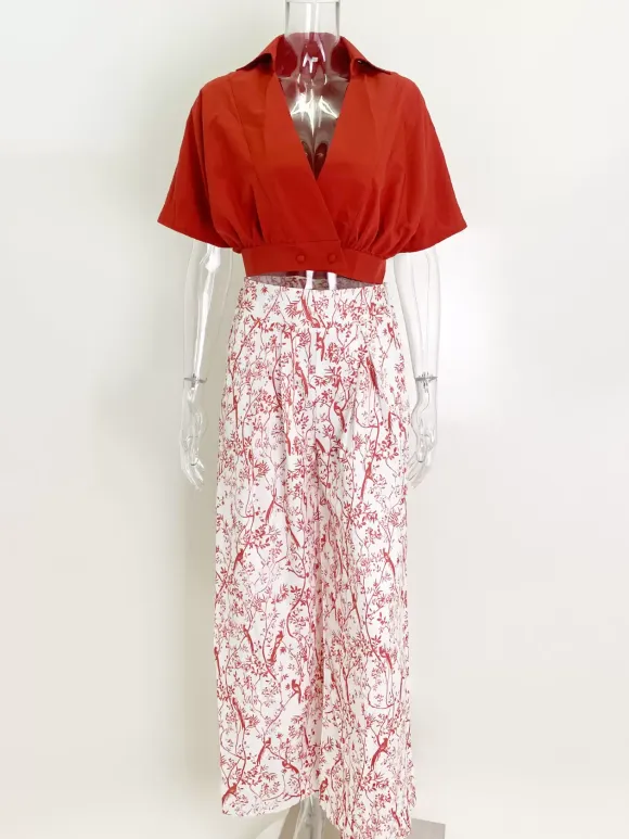 Pant Set Floral Short Sleeves V-Neck Wide Leg Casual 2 Pieces Set