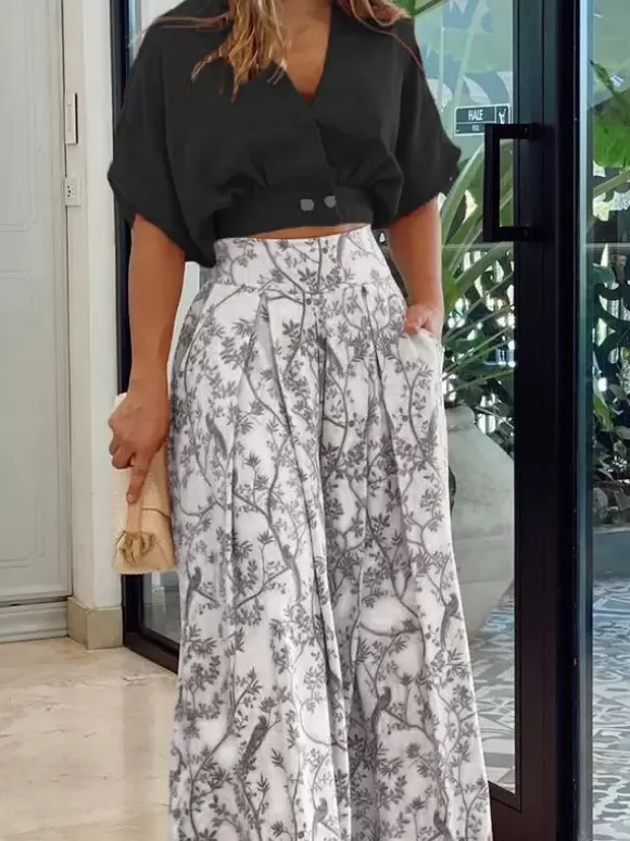 Pant Set Floral Short Sleeves V-Neck Wide Leg Casual 2 Pieces Set