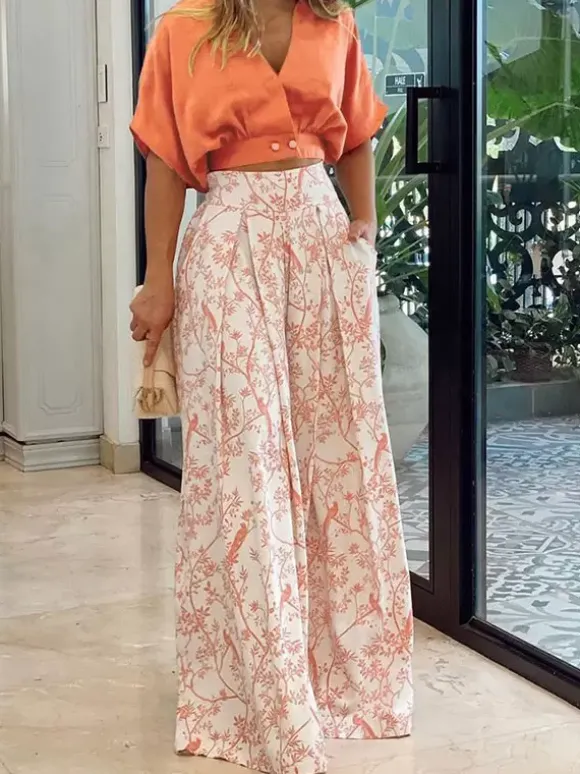 Pant Set Floral Short Sleeves V-Neck Wide Leg Casual 2 Pieces Set