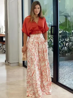 Pant Set Floral Short Sleeves V-Neck Wide Leg Casual 2 Pieces Set