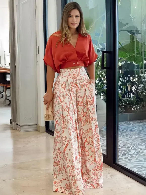 Pant Set Floral Short Sleeves V-Neck Wide Leg Casual 2 Pieces Set