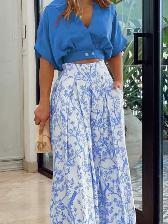 Pant Set Floral Short Sleeves V-Neck Wide Leg Casual 2 Pieces Set