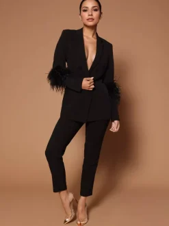Pant Set Lapel Deep V-Neck Feathers Sexy Women Suits
