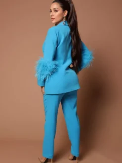 Pant Set Lapel Deep V-Neck Feathers Sexy Women Suits